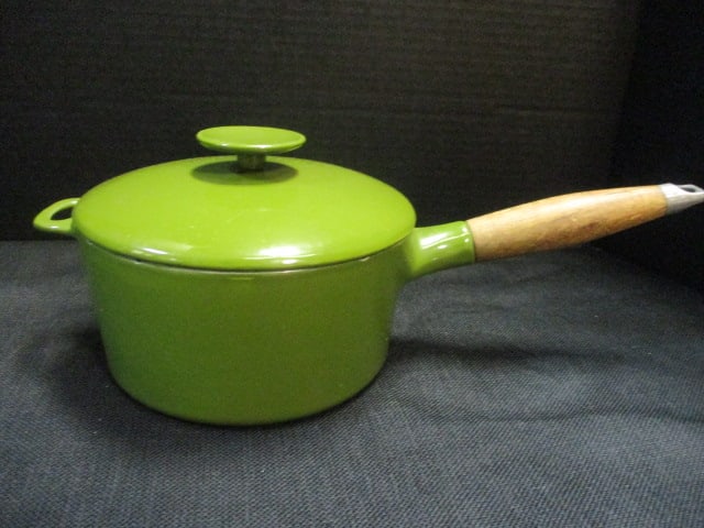 Green Enameled Cast Iron Sauce Pot: some chips around top rim (see pictures)