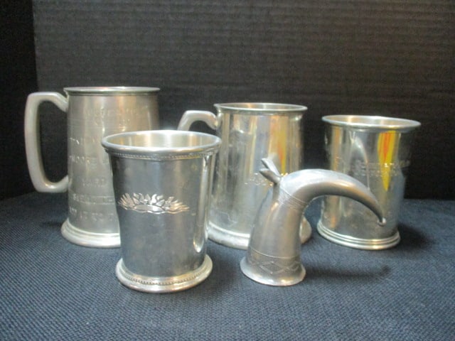 2 Pewter Tankards, 2 Julep Cups, Pewter Horn Shot Glass: .