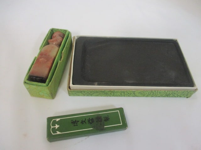 Japanese Caligraphy Ink Stone & Sumi Ink Stick & Chinese: Stone Stamp/Seal (all in original Boxes)