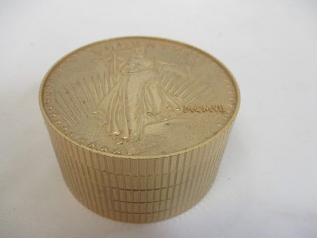 Bulova First Georgia Bank Desk Clock shaped like stack of coins: Designed to resemble Double Eagle 20 Dollar Gold Piece (3" Diam x 2" H