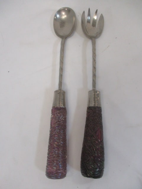 Vtg Salad Serving Fork & Spoon w/Textured Purple Glass Handles: 10"