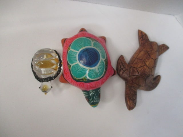 Handpainted Mexican Pottery Turtle 3 1/2", Wood 4" Turtle, & - 2