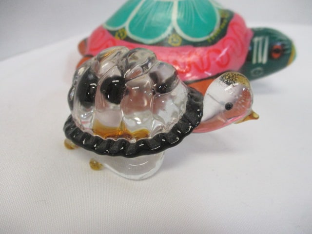 Handpainted Mexican Pottery Turtle 3 1/2", Wood 4" Turtle, & - 3