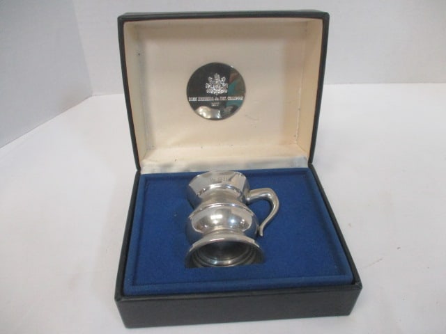 Pewter Boxed 1/2 Gill Jug 2 3/4" in engraved box: Engraving (Ross Memorial Jr. Vet Champion 1977)