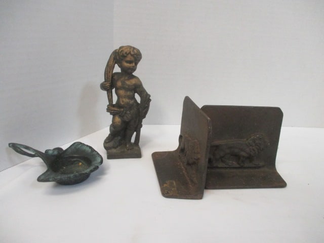 Bronze 6" Cherub, Cast Iron Lion Bookends, Verdigris Tealight Holder: .