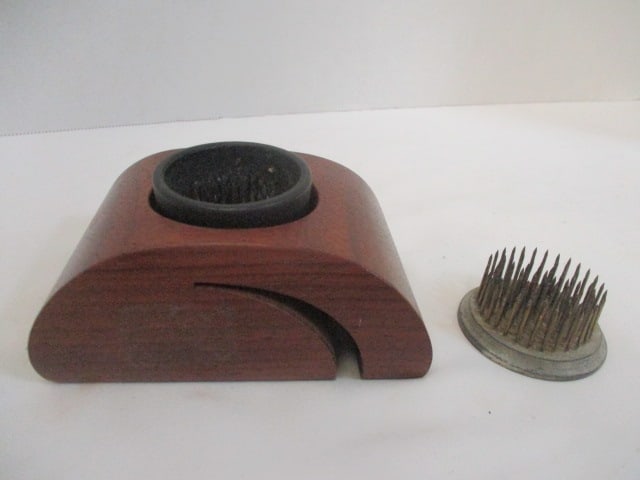 Wood Flower Frog w/Metal Pin Holder & Cast Iron Flower Frog: .