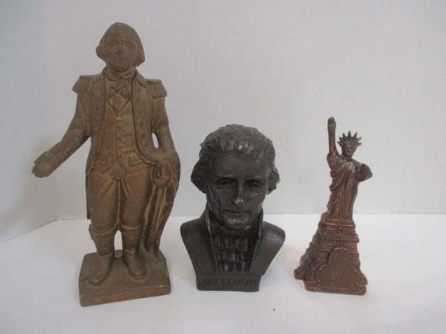 Beethoven 4 1/2" Bust, Washington 6 1/2" Bank, Metal: Statue of Liberty Souvinir 4 1'2"