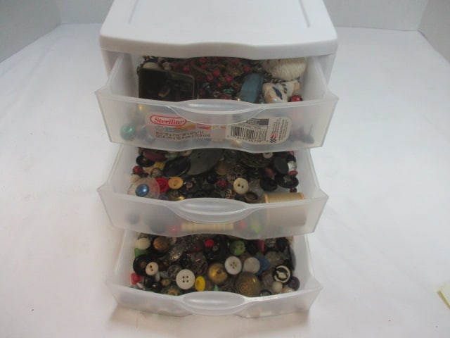 3 Drawer Storage Box w/Vtg. Buttons, etc.: see all pictures