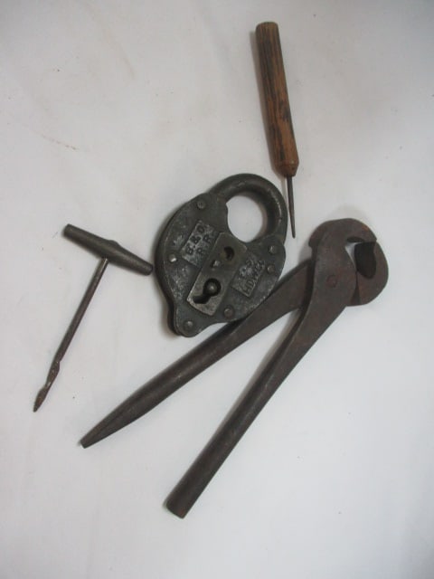 B&O Railroad Lock, Antique Gimlet, Wood Handled Ice Pick, &: Farrier Nipper for Horse Hooves