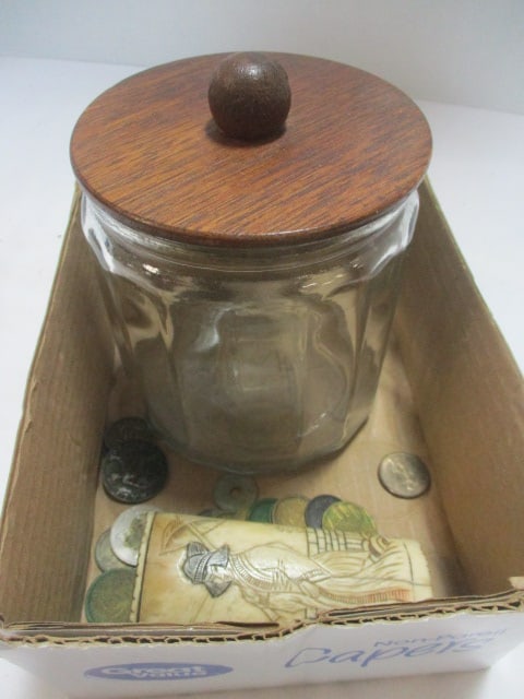 Glass Humidor, Chinese Bone Engraved Handle,& Foreign Coins: .