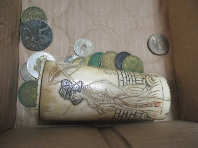 Glass Humidor, Chinese Bone Engraved Handle,& Foreign Coins - 2