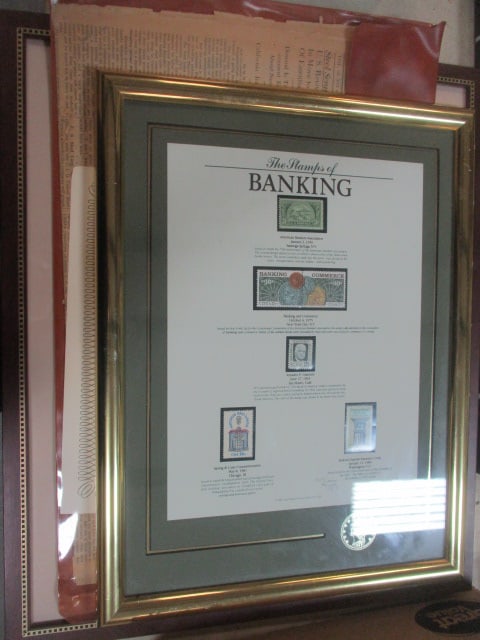 The Stamps of Banking F/M Wall Art Numbered 13 x 17 1986: #1047/10000, Book & NY Stock Exchange F/M Photo 20 x 17, Wall St. Journal page w/coa