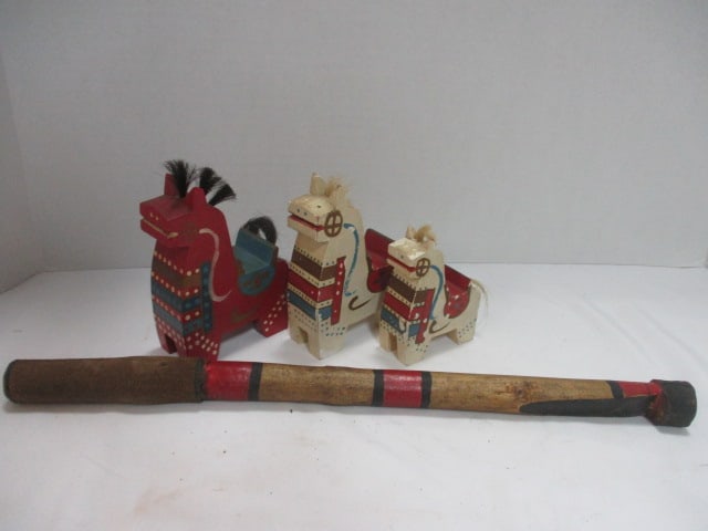Yawata Horse Japanese Folk Art Craft Horses (3) & Folk Art Baton: .