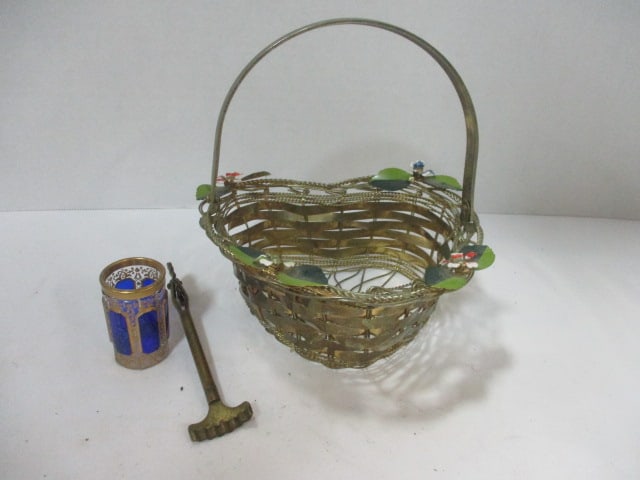 Woven Wire Design Basket w/Floral accents, Vtg. Pastry crimper, (1 of 5)
