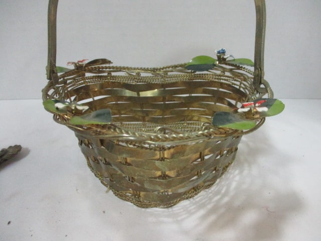 Woven Wire Design Basket w/Floral accents, Vtg. Pastry crimper, - 2