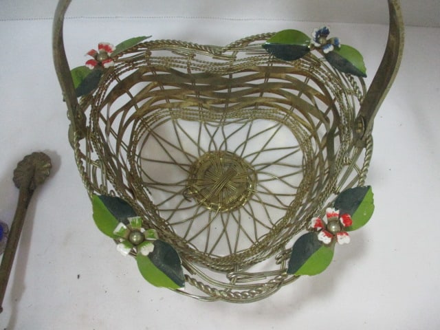 Woven Wire Design Basket w/Floral accents, Vtg. Pastry crimper, - 3