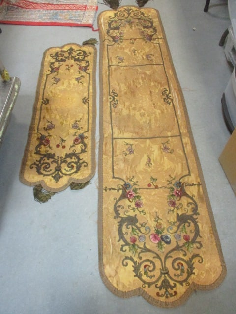 Antique French Style Silk Fabric (2) Table Runners & Vtg. - 2