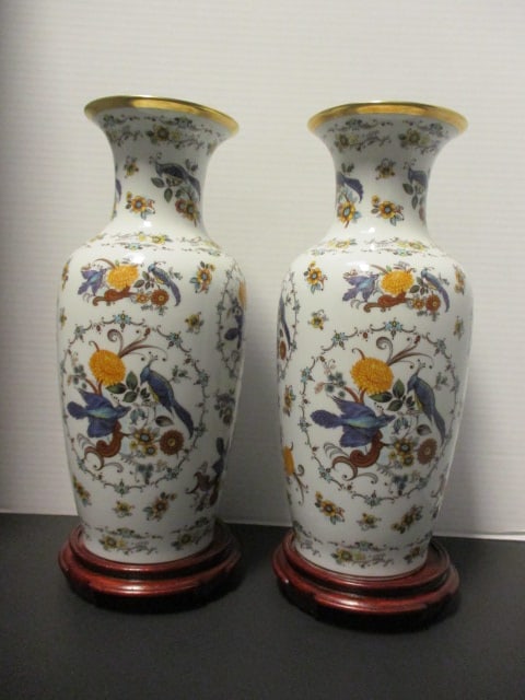 Pair of Royal Bavaria KPM German Porcelain Handpainted Urn Vases with Wood Stands: Vases 14 1/2"h, bottom reads underglaze in green "Royal Porzellan Bavaria KPM Germany Handarbet" with raised number 1101/37
