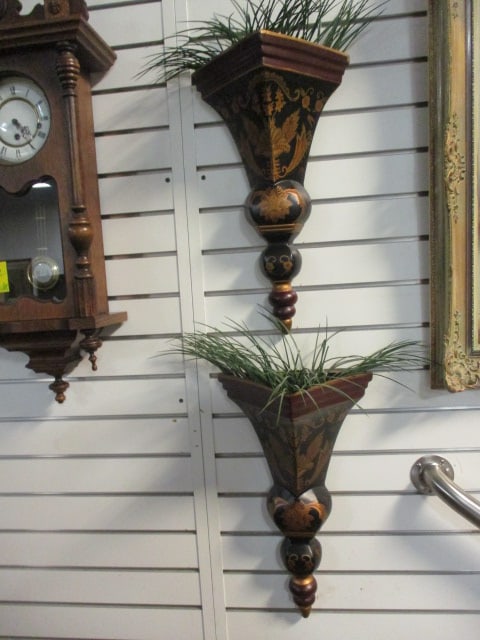 Pair of Hand Decorated Neoclassical Design Wall Pocket Sconces: 11" x 6 1/2" x 19", includes artificial greenery, Local Pickup Only