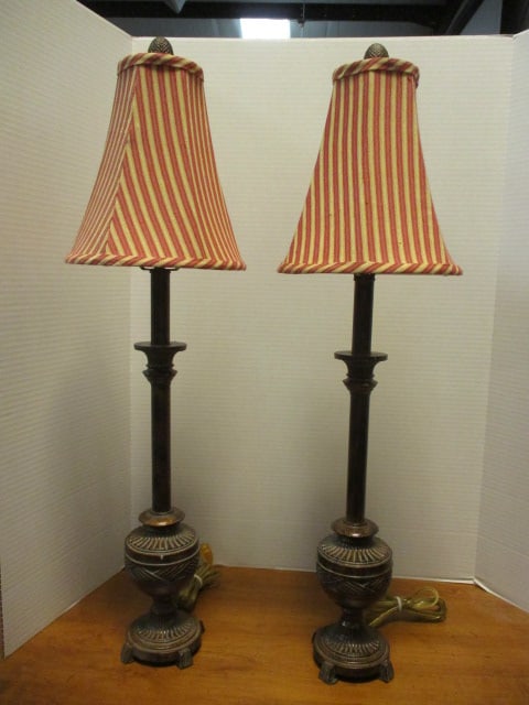 Pair of Sculpted Antiqued Bronze Buffet Lamps with Burgundy/Ivory Stripe Shades (1 of 11)