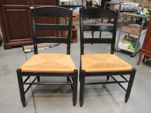 Pair of Ethan Allen Black Ladder Back Side Chairs with Rush Seats: 22 1/2"w, Local Pickup Only