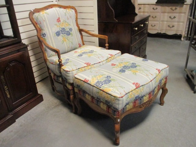 Wesley Hall Inc. Carved French Country Style Wood Arm Chair and Matching Ottoman (1 of 19)