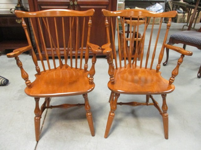 Pair of Ethan Allen Maple Fiddle Back Arm Chairs: 23"w, some finish wear on arms, both right arms need to be glued/tightened, Local Pickup Only
