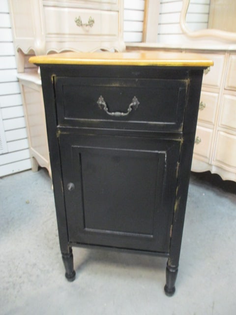 2 Tone Wood Commode/Cabinet with Drawer and Door: 18 1/2" x 12 1/2" x 33", door drop ball pull is broken but present, Local Pickup Only