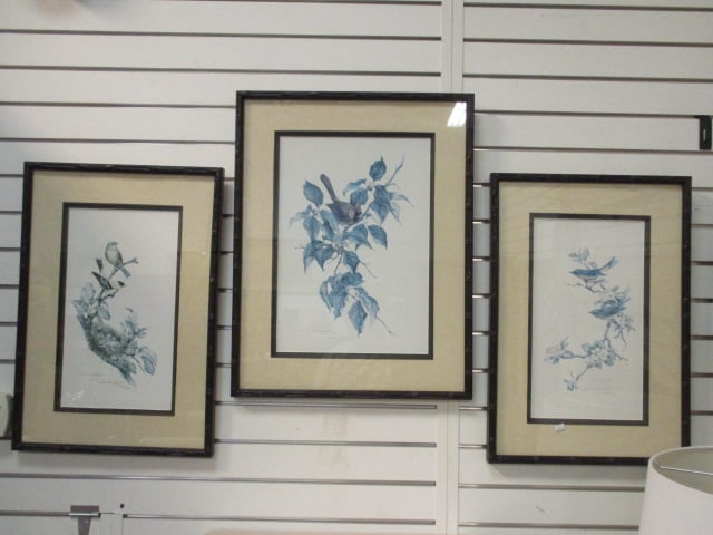 Three Limited Edition Christina Smith Ornithological Bird Prints: Pencil signed and numbered in matching matted frames-(2)15 3/4" x 22 3/4", (1)19 x 24 1/4", Gold Finch No. 336/900, Blue Bird No. 386/900, Cardinal is signed but not numbered, lithographs appear to ha