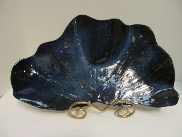 Signed, Dated and Numbered Studio Pottery Freeform Cobalt Glazed Leaf Plate: approx. 18 1/4" x 11", signed on back with maker's mark on front, includes plate stand