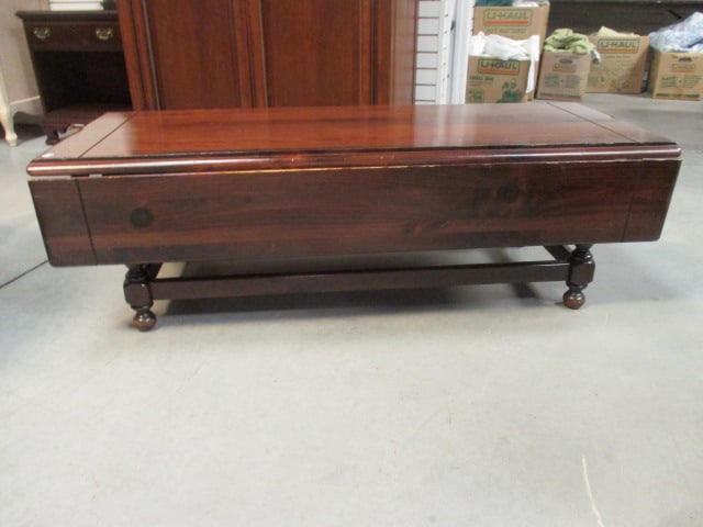 Ethan Allen Early American Style Dark Stained Pine Drop Leaf Coffee Table - 2