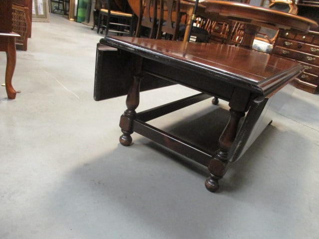 Ethan Allen Early American Style Dark Stained Pine Drop Leaf Coffee Table - 4