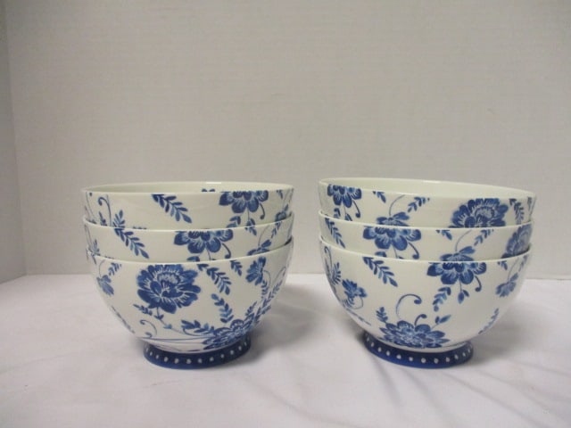 Six Portobello by Inspire Blue and White Bone China Cereal Bowls: 5 1/2"dia x 3 1/4"h