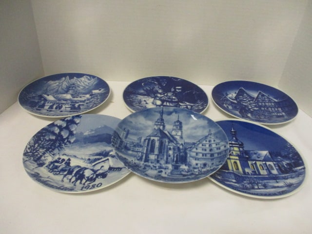Six German Porcelain Collector Plates: All approx. 7 3/4"dia. Plates include Kaiser "Stuttgart", Bareuther Christmas 1978, 1979 and 1980, Ramsau-Schlittenfahrt Christmas 1980 and Royal KPM Bavaria Christmas 1980