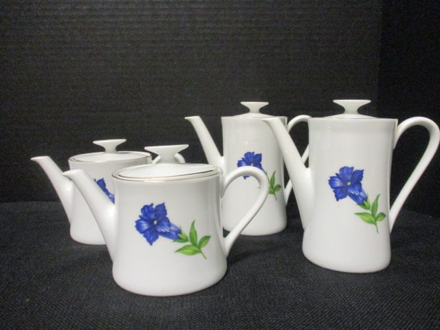 Four Vintage German Porcelain Individual Teapots with Blue Gentian Flower Design: (2)4"h, (2)5 1/2"h