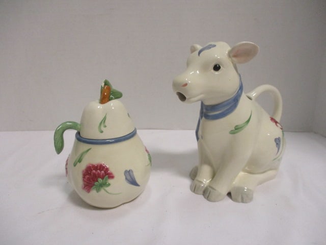 Lenox "Poppies on Blue" Pear Shape Sugar Bowl, Cow Shape Creamer, 3 Piece - 15