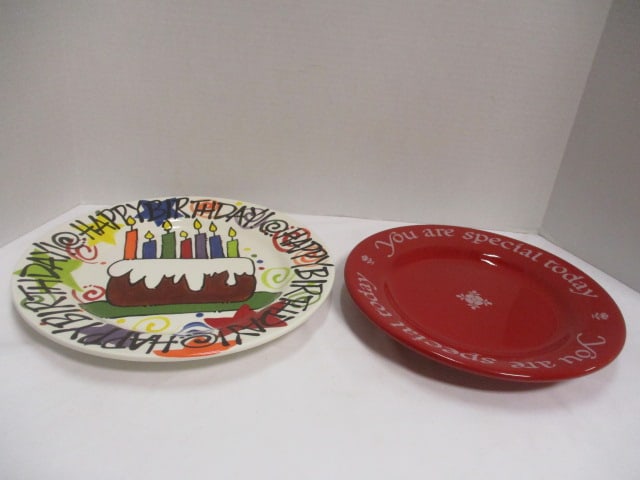 Two Honored Guest Plates: 10 1/2" The Original Red Plate Co. "You Are Special Today" Made in Germany and 12" Cabells Too "Happy Birthday!" Honor Plates