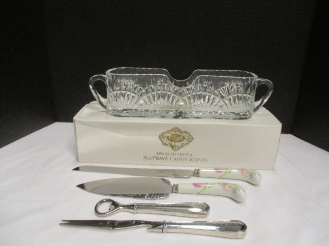 Shannon Crystal Flatware/Knife Caddy in Original Box, Waterford Stainless Cheese Knife: and Bottle Opener and Sheffield England Porcelain Handle Cake Knife and Server