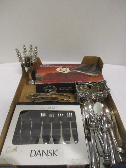 Dansk Kitchen Silhouette Cocktail Forks, Silverplated Cranberry Server with Glass Liner: in Original Box, Appetizer Pick Set with Stainless Holder, Grapevine Sugar Packet Holder and Assorted Stainless Appetizer Tongs, Forks and Spoons