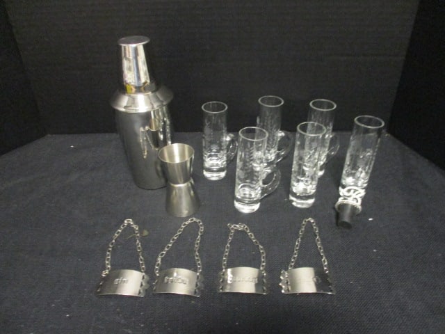 Stainless Cocktail Shaker, Shot Jigger, Four Bottle Tags, "B" Stopper and (1 of 12)