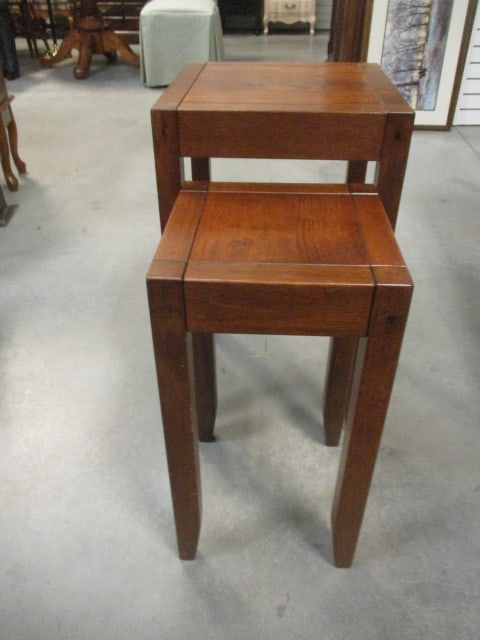 Pottery Barn Ginger Finish 2 Piece Nesting Table Set: 14 3/4" x 14 3/4" x 25", 11" x 11 1/4" x 21 1/4", Distressed finish, few scuffs