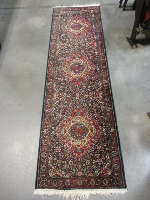 Navy/Red Wool Runner: 26" x 90", some fringe wear, Local Pickup Only