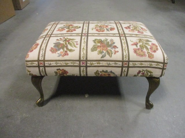 Jacquard Tapestry Covered Foot Stool with Antique Brass Finish Feet: 16" x 12" x 9", Local Pickup Only