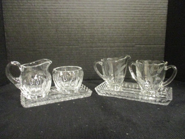 Brilliant Cut Glass Creamer & Sugar Set and Etched Elegant Glass Creamer & Sugar Set: .