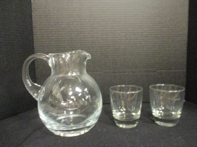 Heavy Hand Blown Pitcher with Applied Handle and Pair of Libbey High Ball Glasses (1 of 8)