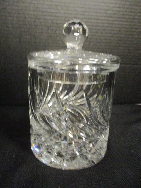 Heavy Crystal Biscuit Jar with Faceted Finial and Scrolling Leaf Design: 8 1/2"h