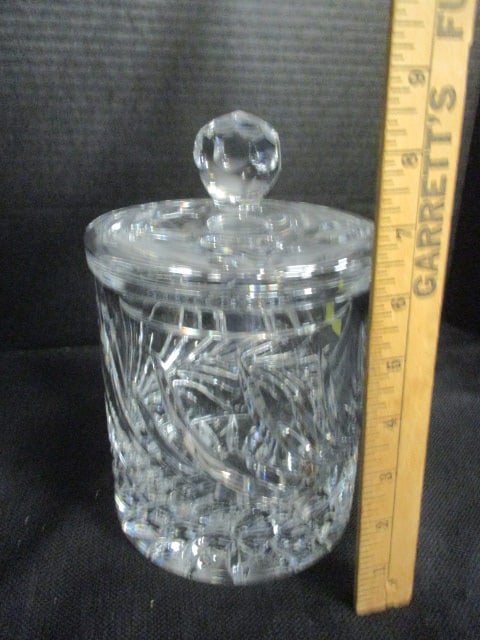 Heavy Crystal Biscuit Jar with Faceted Finial and Scrolling Leaf Design - 7