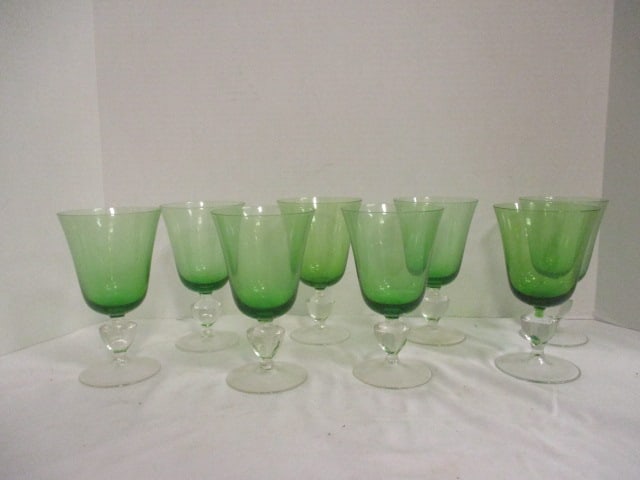 Eight Hand Blown Green Crystal Iced Teas with Clear Stems: 6 1/4"h