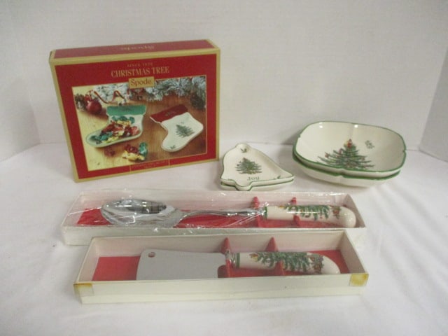 Spode "Christmas Tree" Serving Spoon, Cheese Knife, Two "Joy" Bell Shape Dishes, Two Square (1 of 10)
