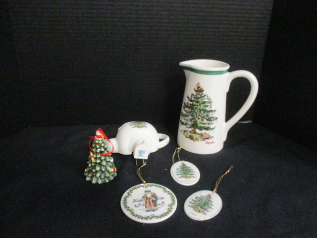 Spode "Christmas Tree" Teapot Night Light, Four Ornaments and Teleflora Gift Pitcher: Pitcher 7"h